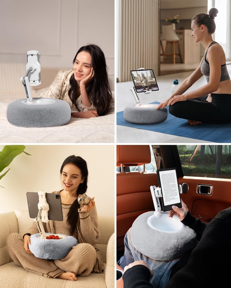 Viozon Tablet Stand Pillow, Compatible with 4.7"-13" Phone/Tablet, iPad, iPhone, Samsung, Google, Kindle, 360°Adjustable Phone Holder for Bed with Soft Plush Fabric, and Detachable Bowl, Grey - Image 2
